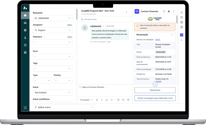 Conciex Channels rodando dentro do Zendesk